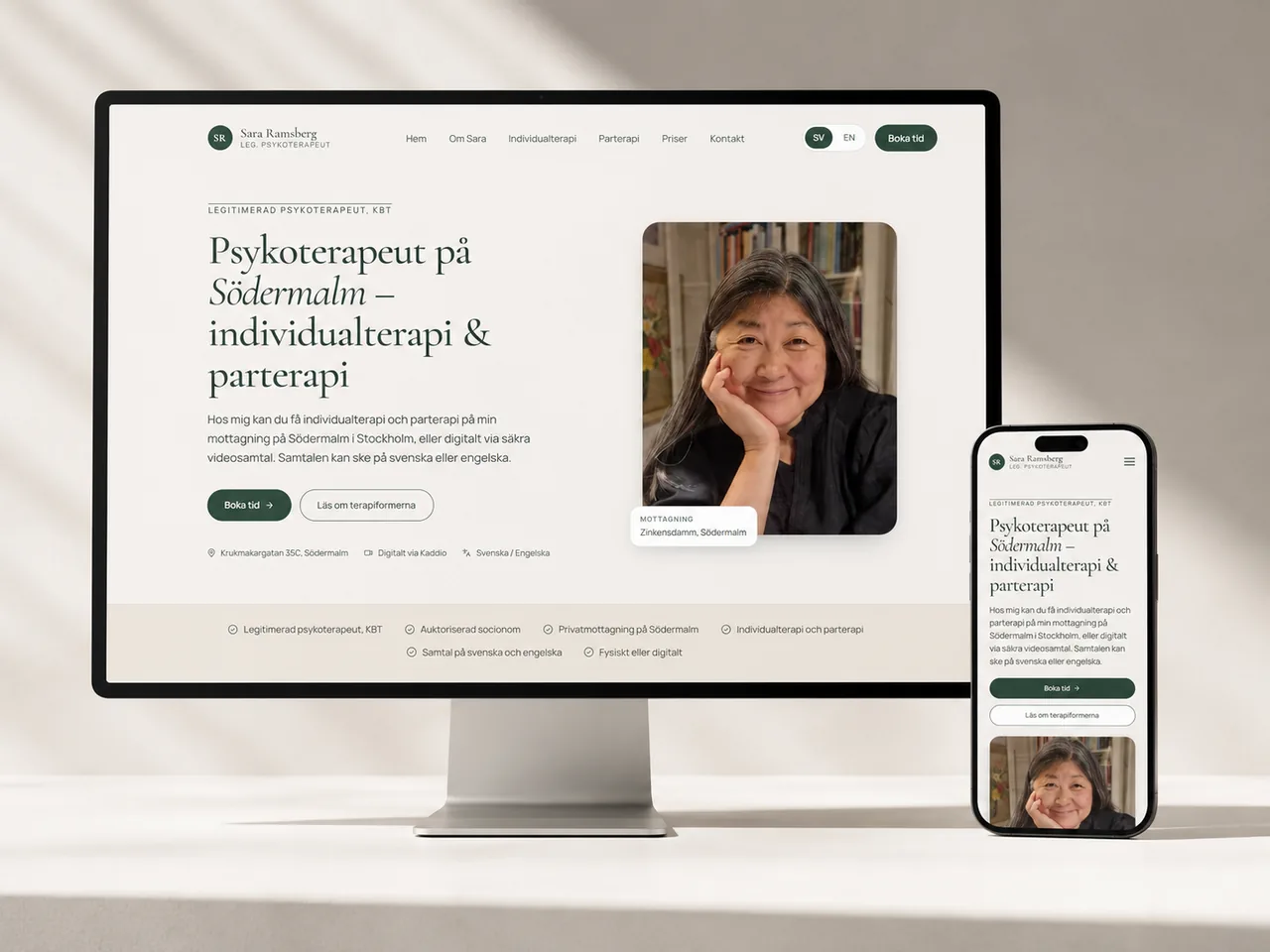 Hemsidan Sara Ramsberg Psykoterapi — byggd av Elido