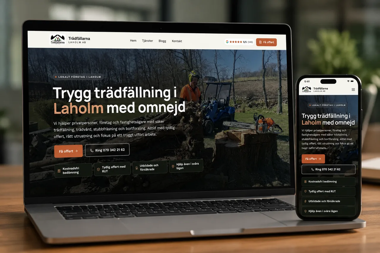 Hemsidan Trädfällarna Laholm AB — byggd av Elido