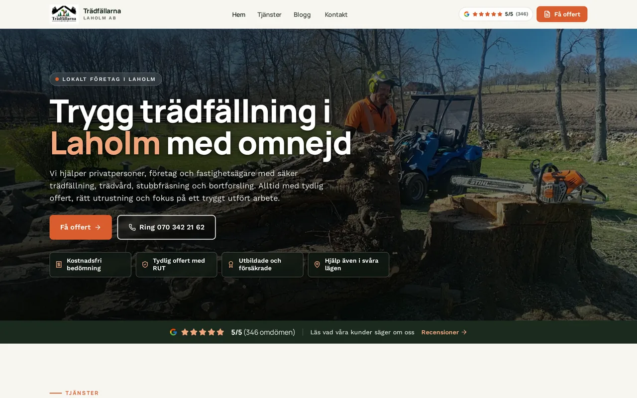 Skärmbild av Trädfällarna Laholms hemsida